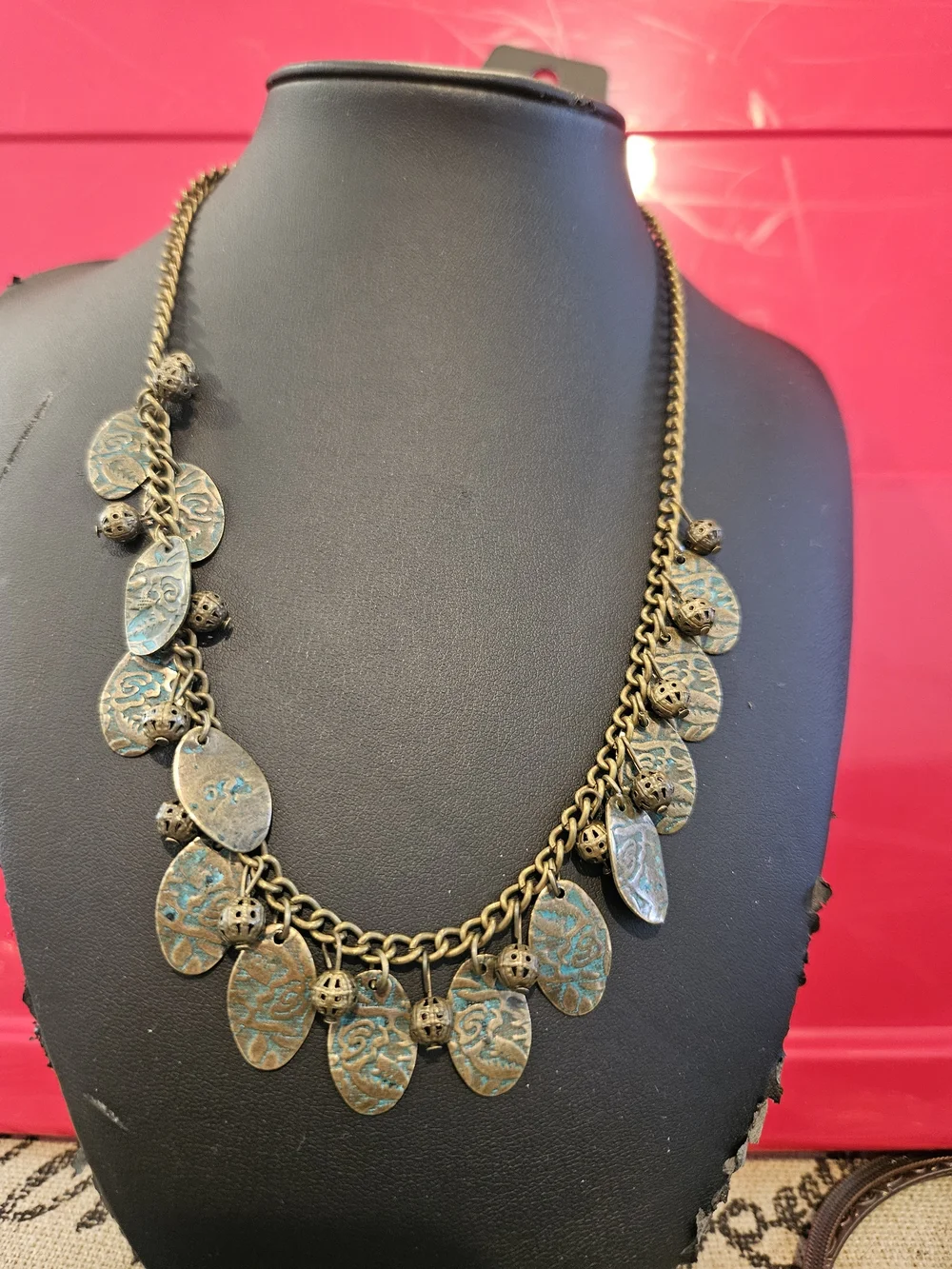 Bohemian Patina Drop Coin Necklace - Turquoise Accent